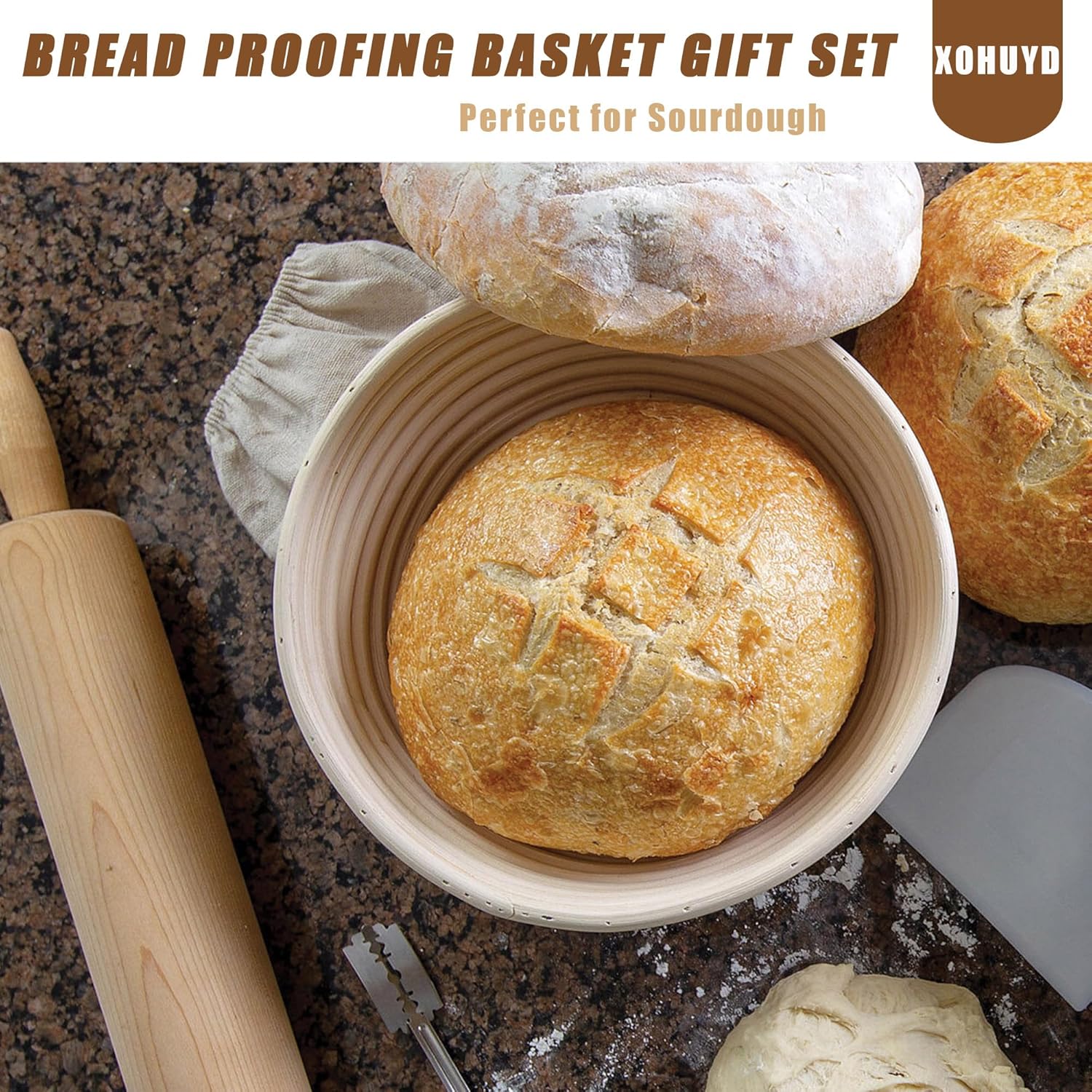 Banneton Bread Proofing Baskets Set with Lame, Danish Whisk, Liners S188