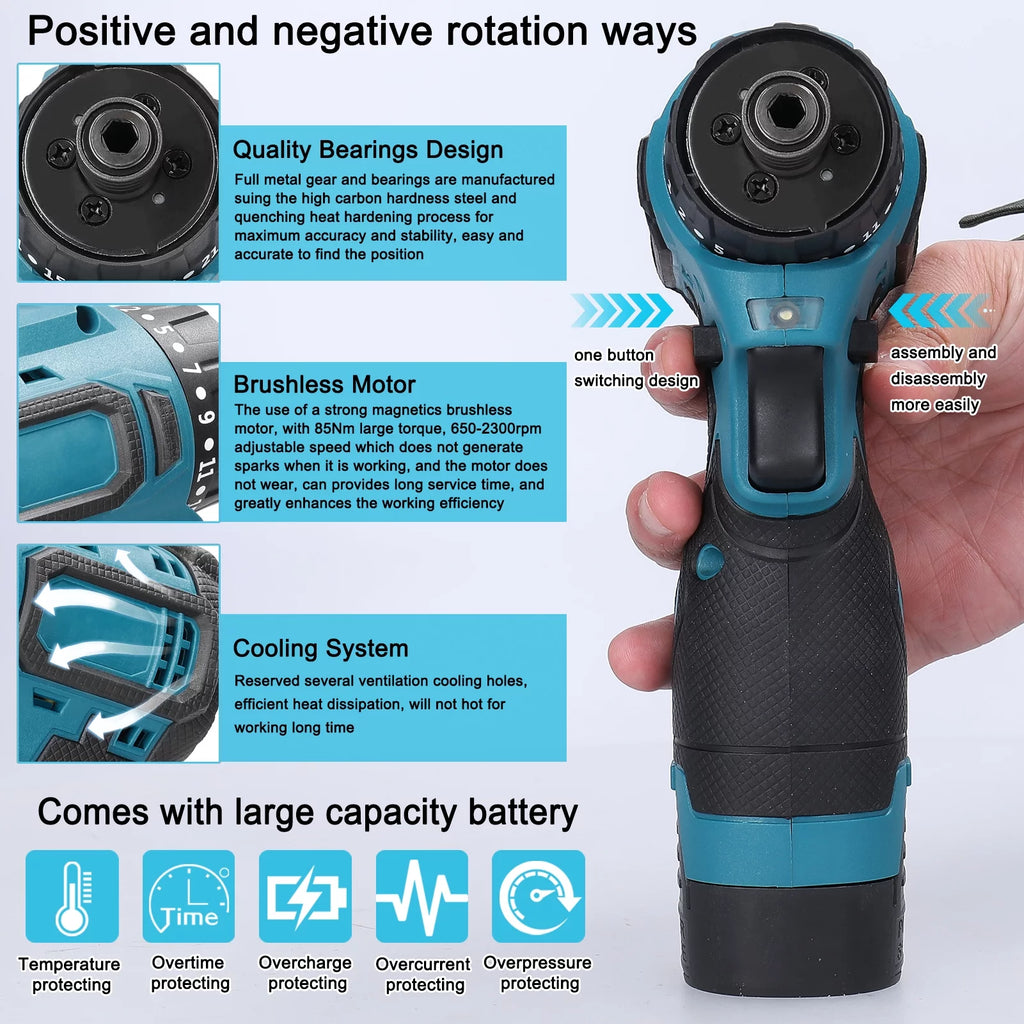 18V Electric Screwdriver, Torque Adjustable 2 Speed, Brushless Motor Repair Tool Kit R348620