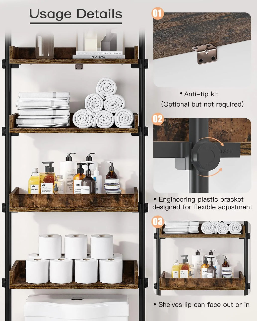 Bathroom Organizer, Over The Toilet Storage, 4-Tier Adjustable Wood Shelves C792