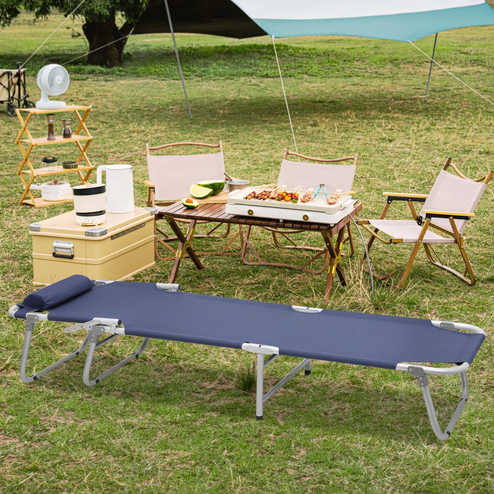 Portable Folding Bed Reclining Lounger Camping Cot with Pillow and Carry Bag J26660