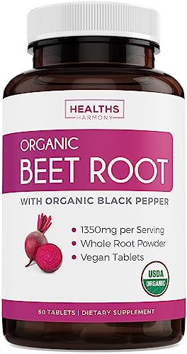 USDA Organic Beet Root Powder (120 Tablets) 1350mg Beets Per Serving with Black Pepper for Extra Absorption - Super Antioxidant and Nitrate Supplement for Athletic Performance and Stamina- No Capsules