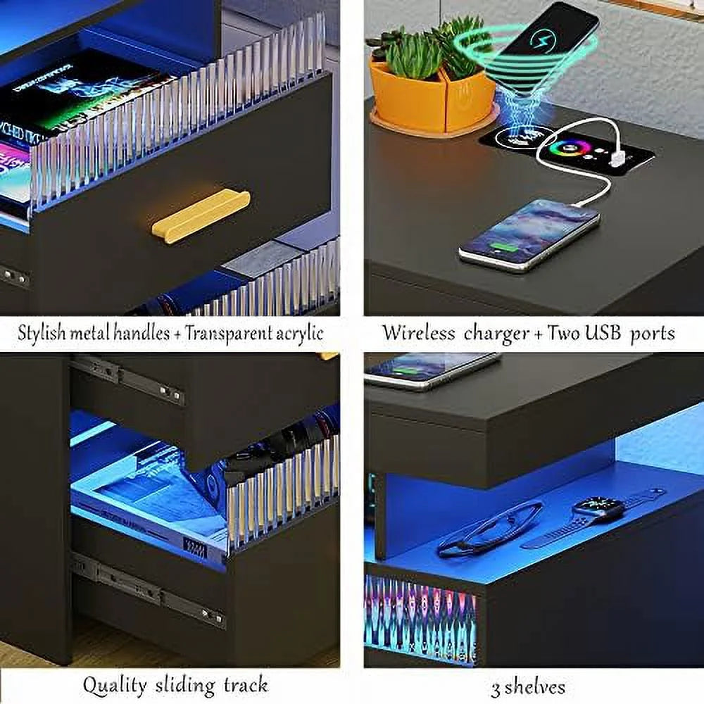 Nightstands Set of 2 with Charging Station and LED Lights I82647