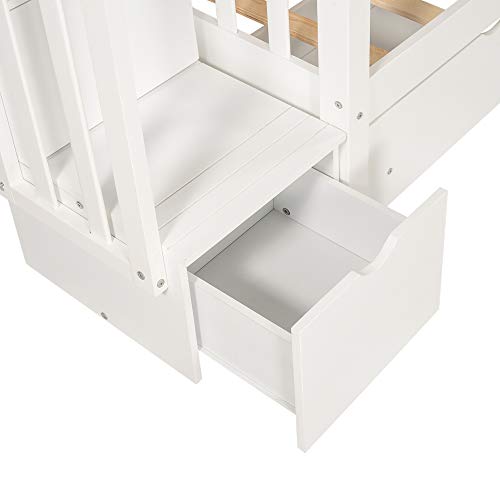 Twin Over Twin/Full Bunk Bed with Trundle and Drawers, Solid Wood Staircase T72769