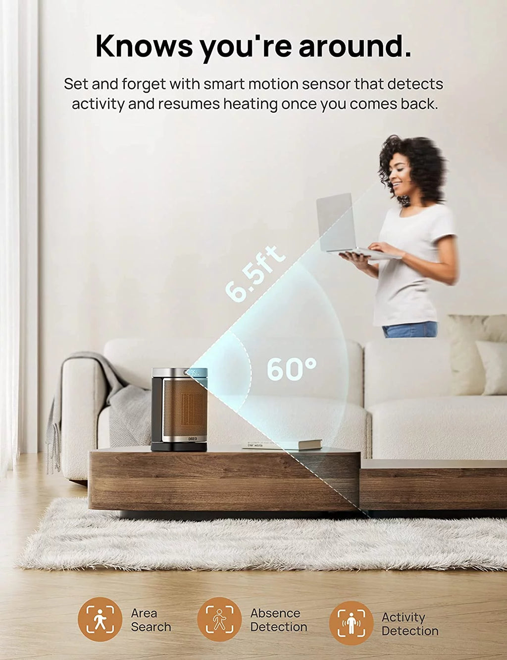 Space Heater with Motion Sensor, 1500W Oscillating, Digital Thermostat, Remote Control Z87925