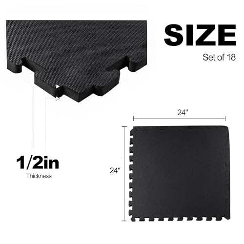 Interlocking Foam Gym Flooring Mat, 1 Inch Thick, 6 Tiles, Black C4472