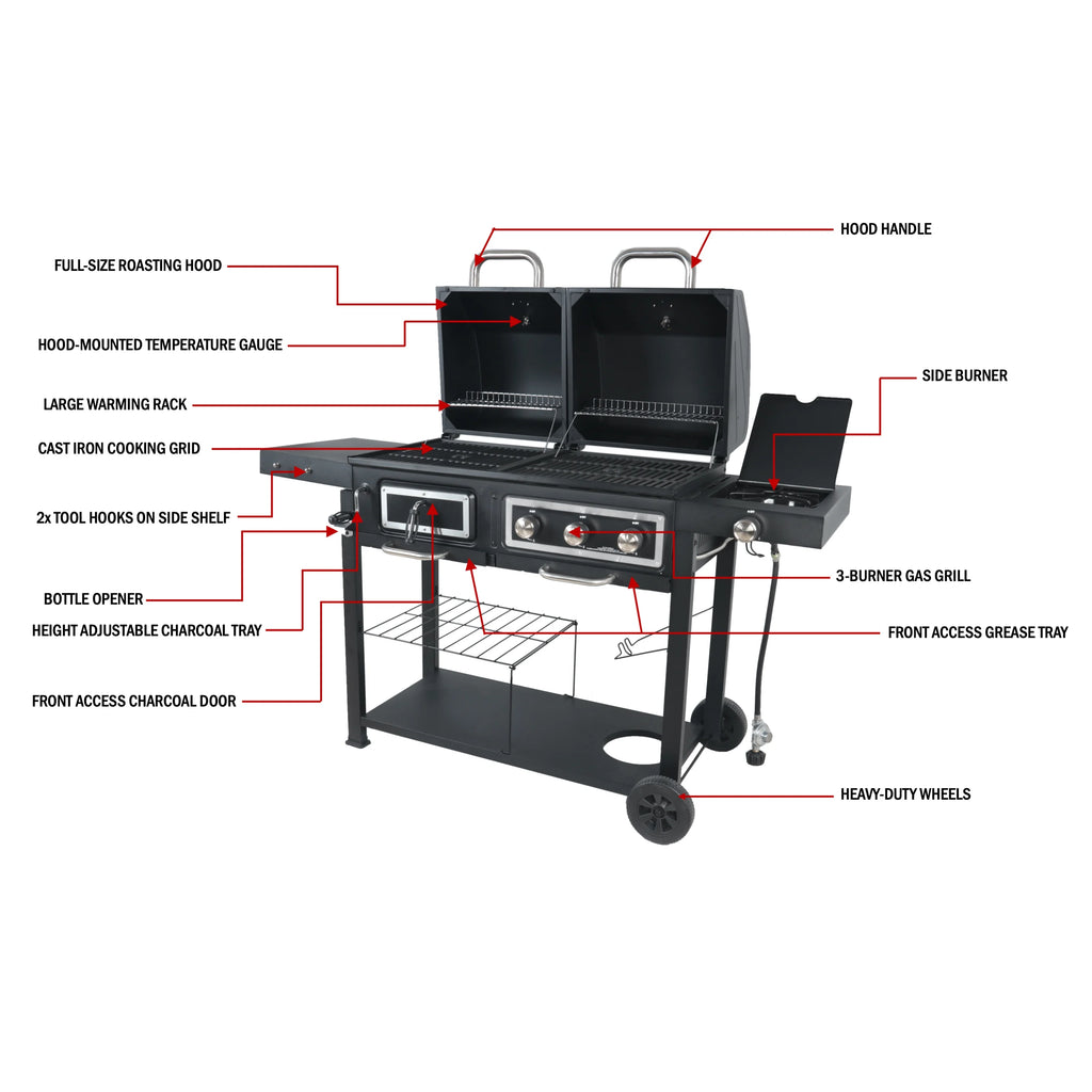 Dual Fuel Gas & Charcoal Combo Grill, Black with Stainless G2724