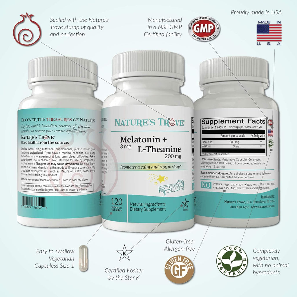 Melatonin 3mg + L-Theanine 200mg Capsules for Calm and Relaxation B643638