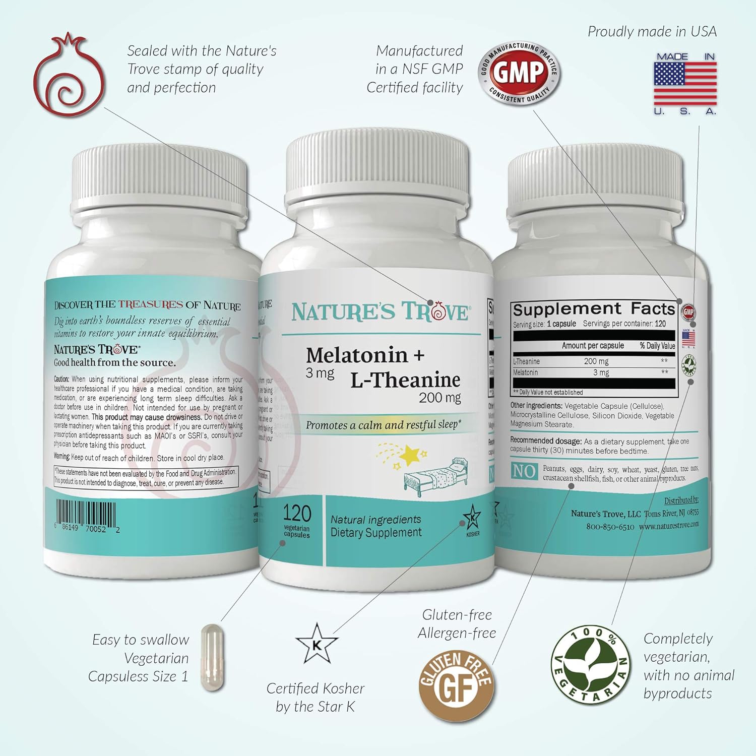 Melatonin 3mg + L-Theanine 200mg Capsules for Calm and Relaxation B643638