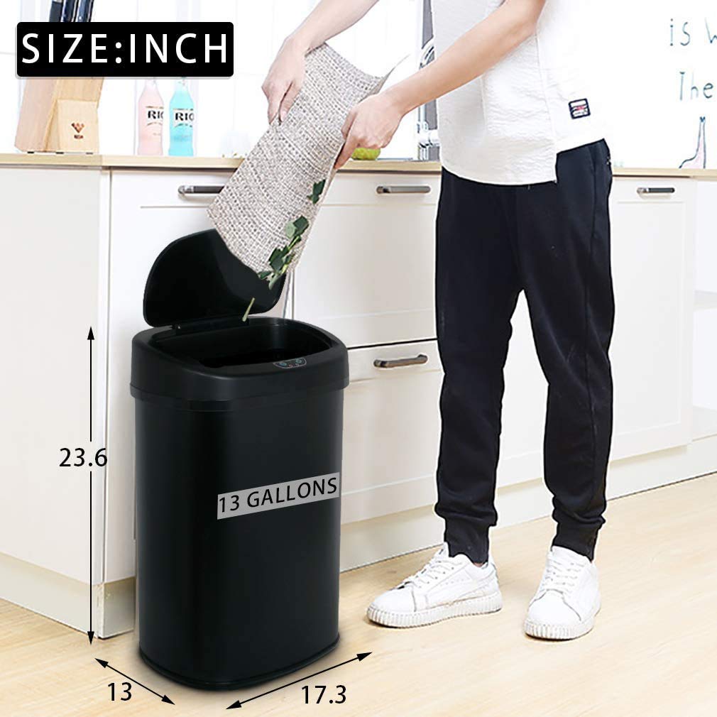 13 Gallon Black Stainless Steel Touch-Free Sensor Trash Can with Lid L921