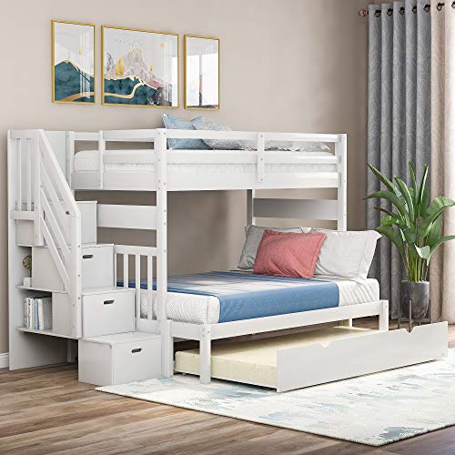 Twin Over Twin/Full Bunk Bed with Trundle and Drawers, Solid Wood Staircase T72769