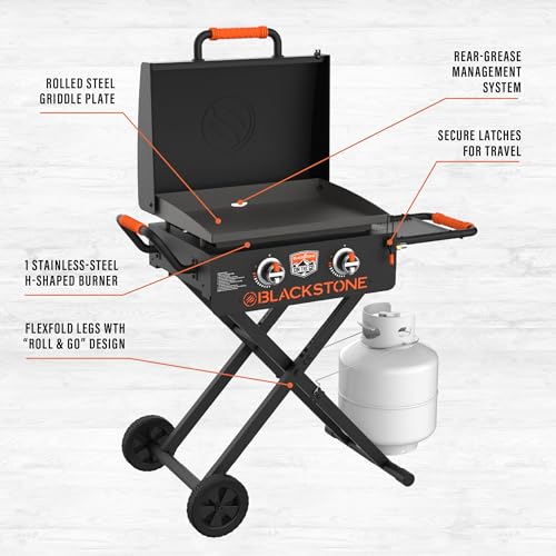 22" Scissor-Leg Gas Griddle with Two Burners, Stainless Steel, Wheels and Side Shelf W2452