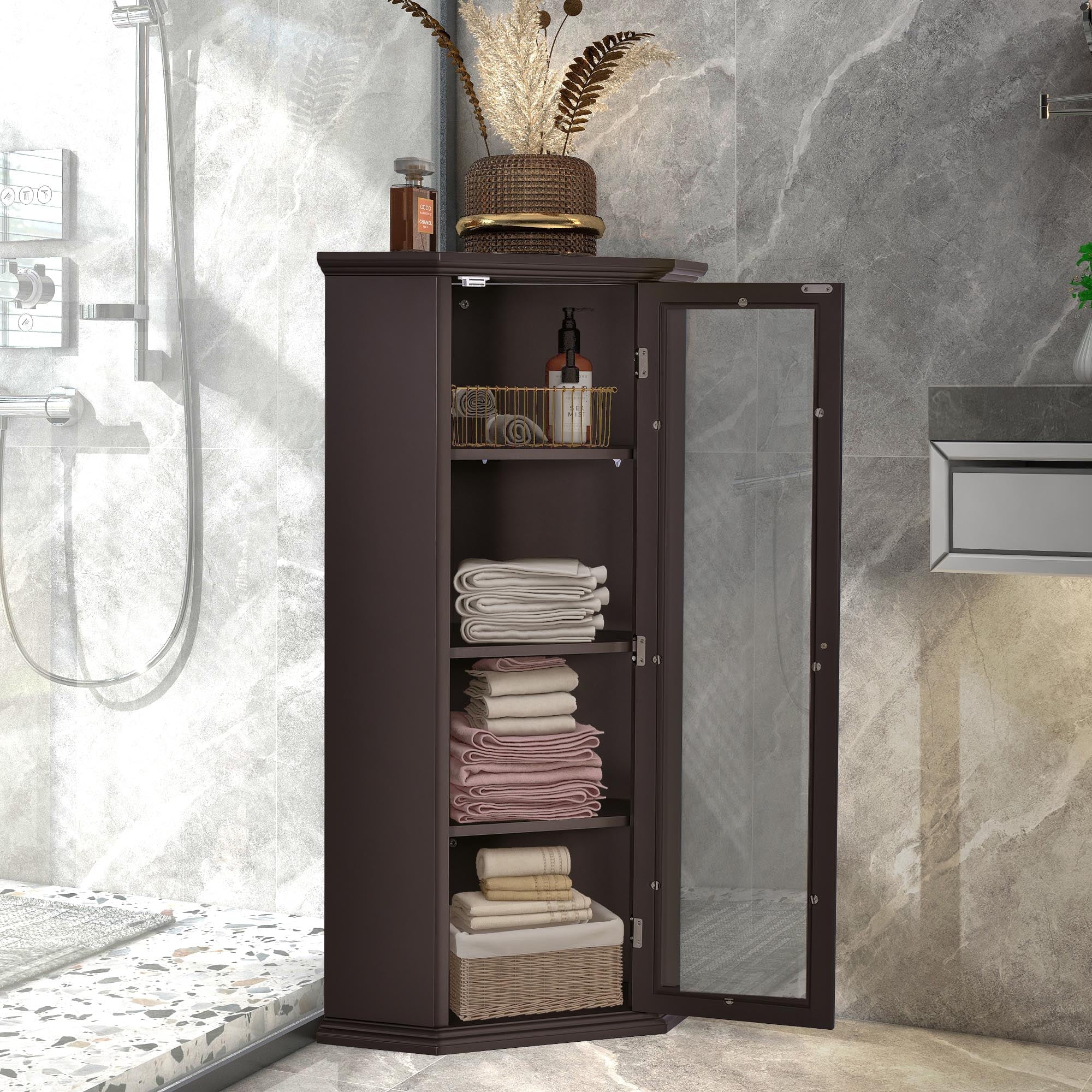 Freestanding Bathroom Cabinet with Glass Door, Corner Storage W61167
