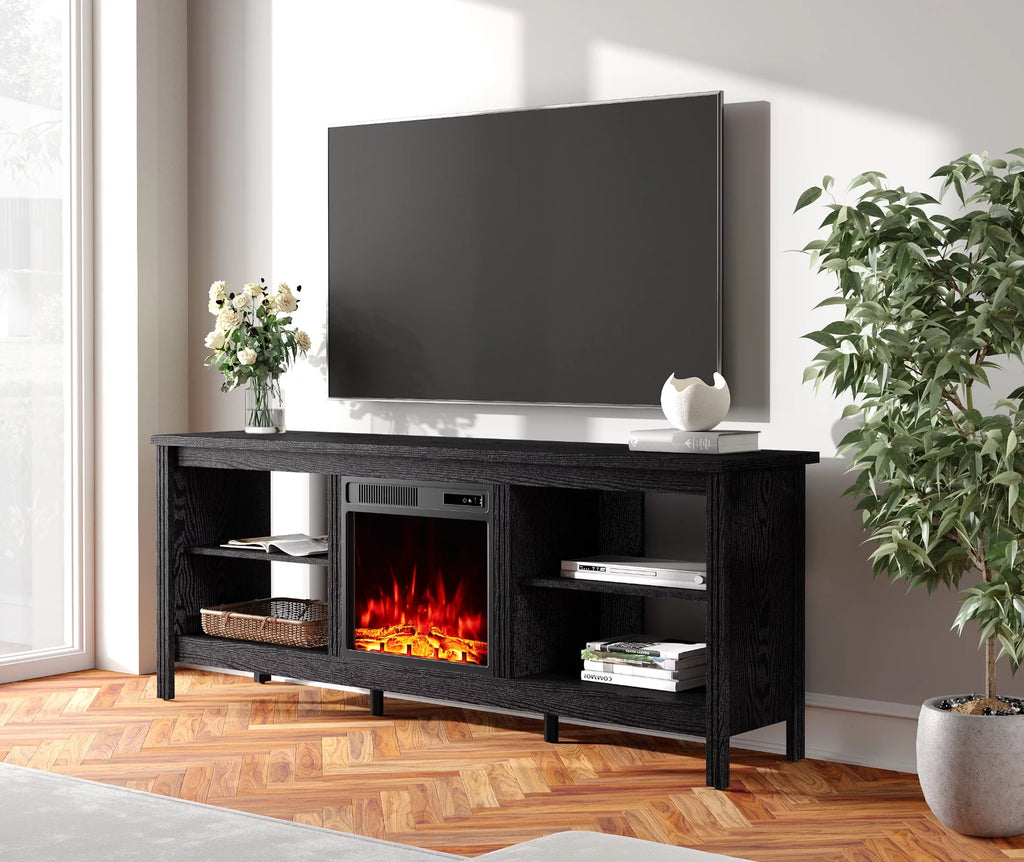 TV Stand with Electric Fireplace, Black Entertainment Center, 4 Storage X681114