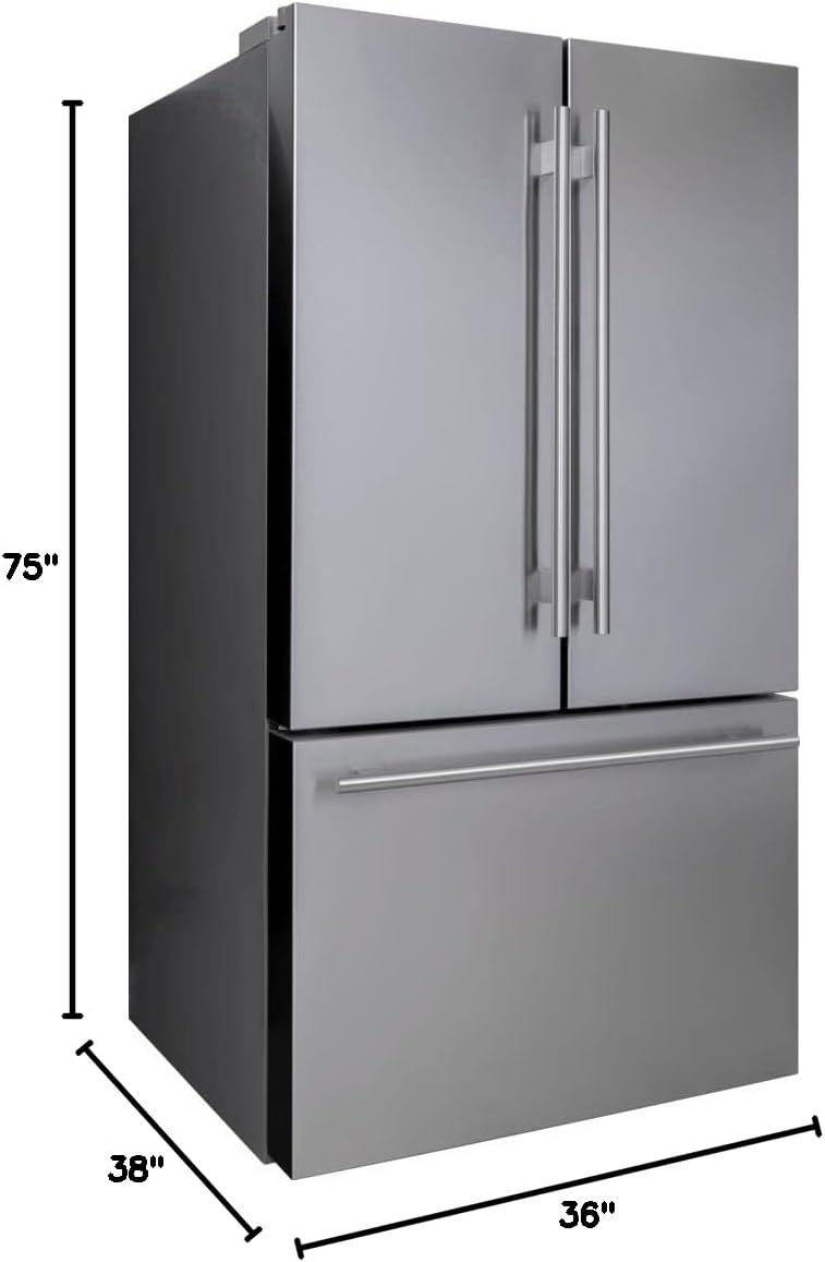 FORTÉ FFD27ESSSS 450 Series Upright Freezer Refrigerator, 36 inch, 26.6 cu. ft. Capacity, Stainless Steel, French Door Fridge, Ice Maker, Water Dispenser, LED Light, Glass Shelves, Drawers, No Frost