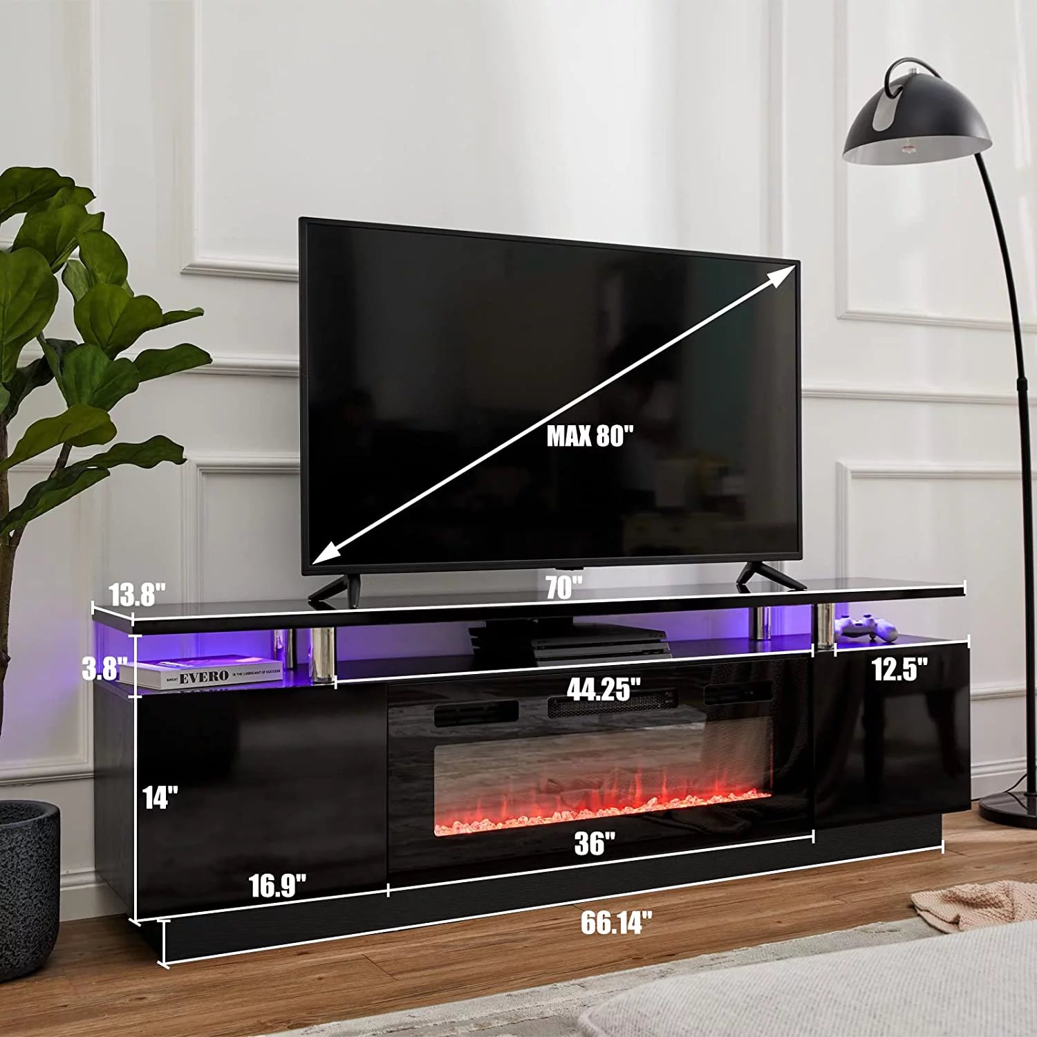 Fireplace TV Stand with 36" Fireplace, 70" Modern Entertainment Center, Fits TVs Up to 80", Black D341727
