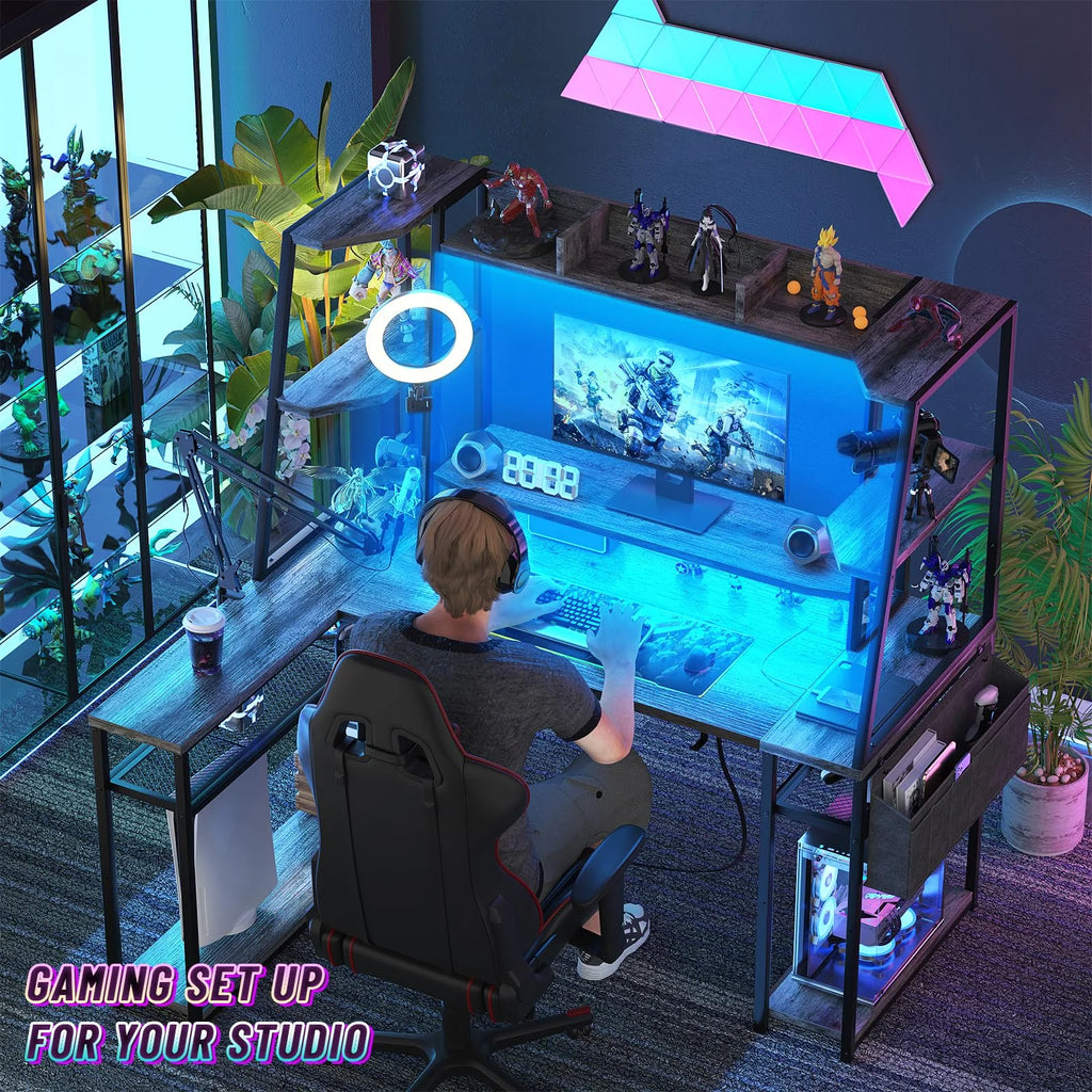 Corner Computer Desk with LED Lights and Power Outlets, Black Oak B345185