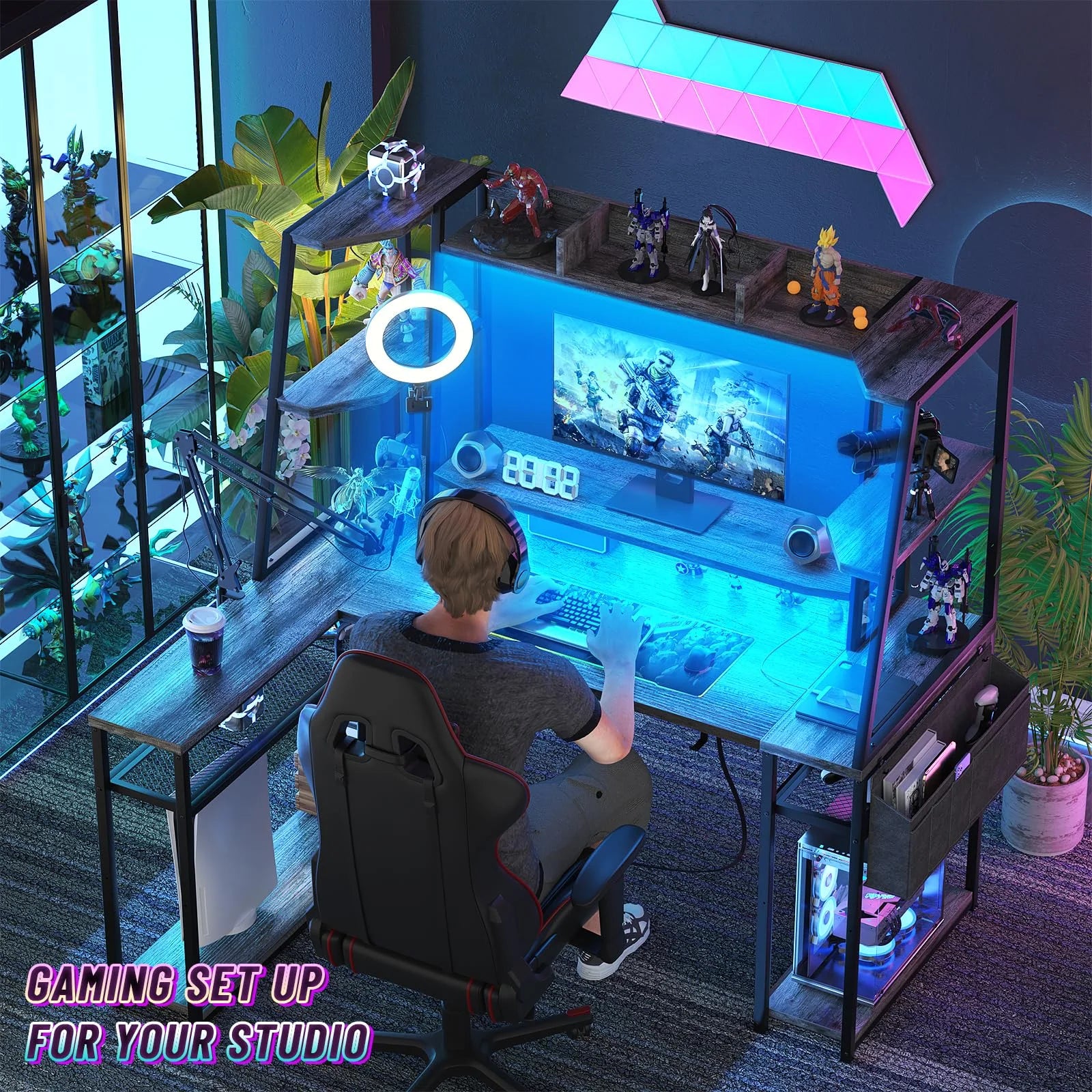 Corner Computer Desk with LED Lights and Power Outlets, Black Oak B345185