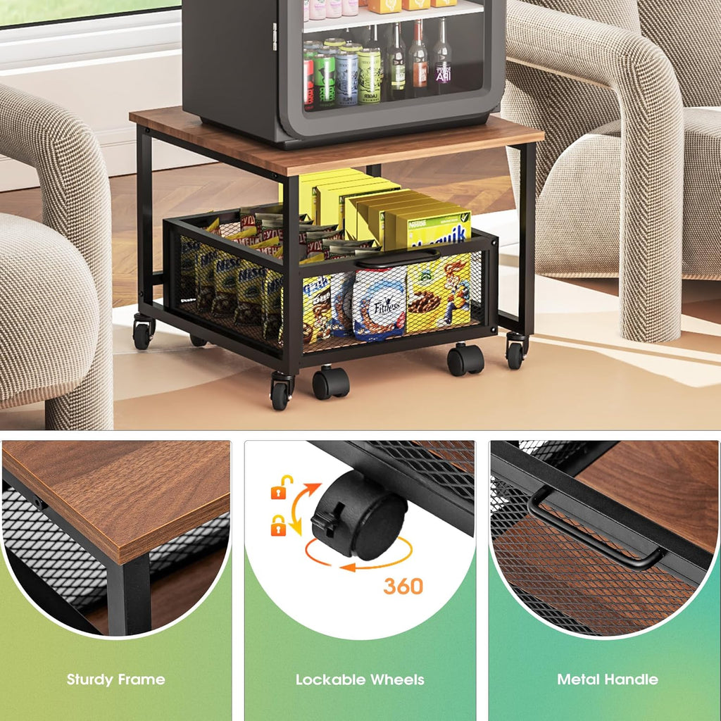 Mini Fridge Stand with Rolling Cart, 2 Lockable Wheels, Metal Basket Drawers H6415