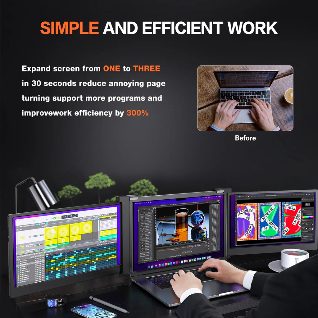 Portable Triple Monitor for 15-17 inch Laptop, 1080P IPS, Plug & Play, USB/HDMI, Black A4747