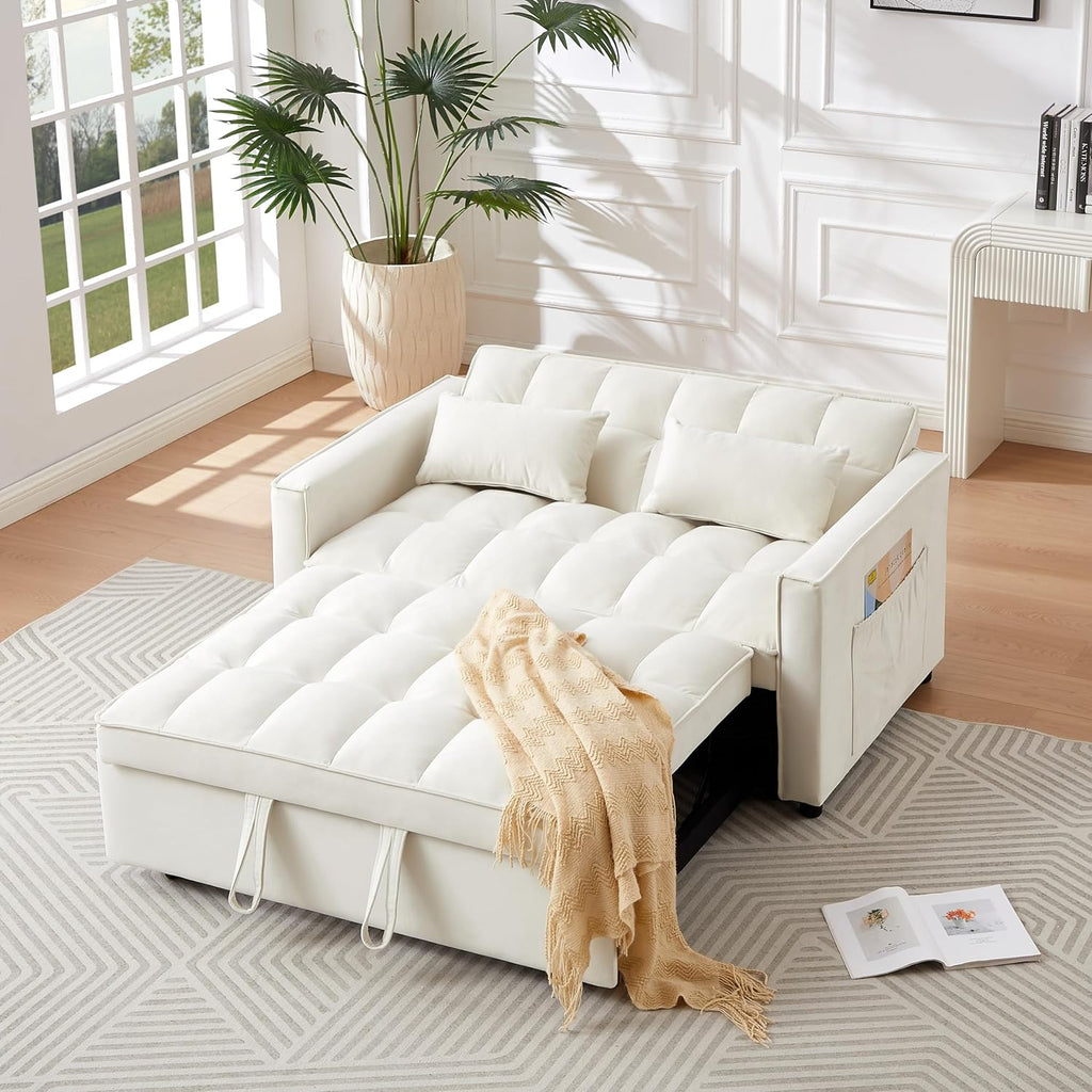 Convertible Loveseat Sleeper Sofa with Adjustable Backrest and Pull-Out Bed, Ivory G5626