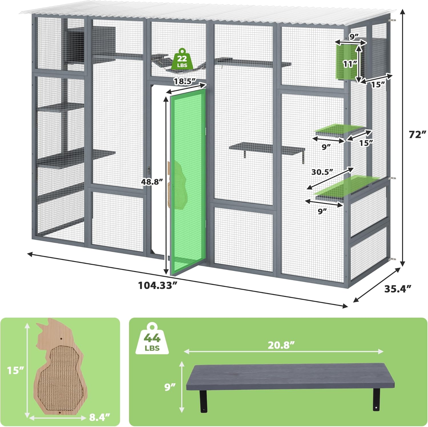 Outdoor Cat Enclosure with Weather Protection Roof, Grey M614