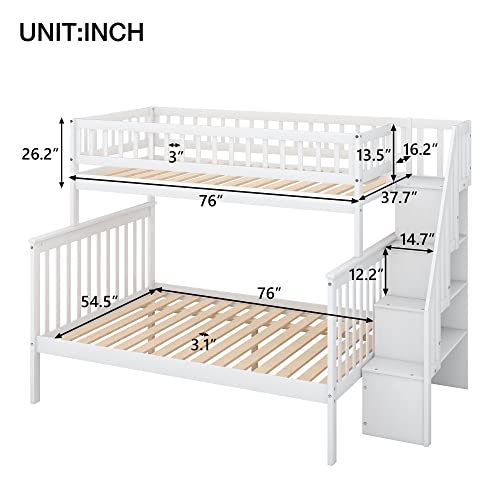 Twin Over Twin/Full Bunk Bed with Trundle and Drawers, Solid Wood Staircase T72769