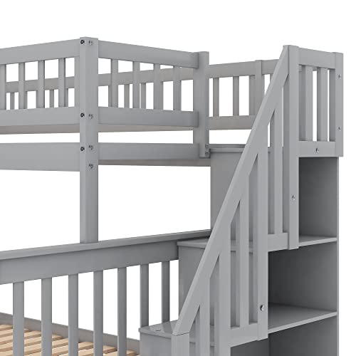 Twin Over Twin/Full Bunk Bed with Trundle and Drawers, Solid Wood Staircase T72769