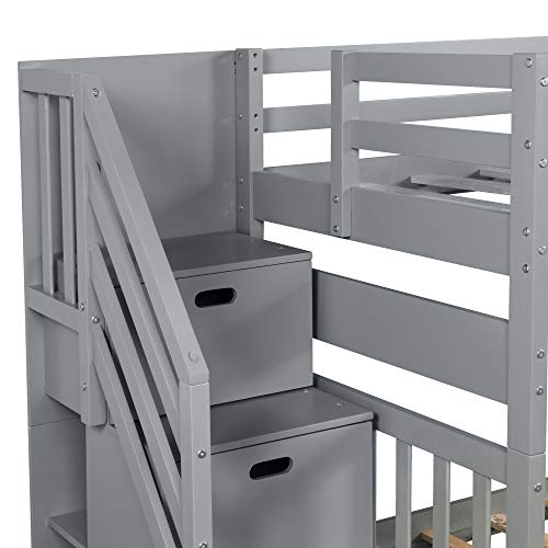 Twin Over Twin/Full Bunk Bed with Trundle and Drawers, Solid Wood Staircase T72769