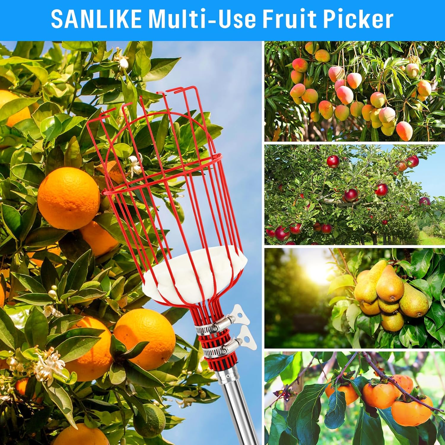 Fruit Picker Pole with Basket 13 FT Adjustable Lightweight Harvester Tool E43772