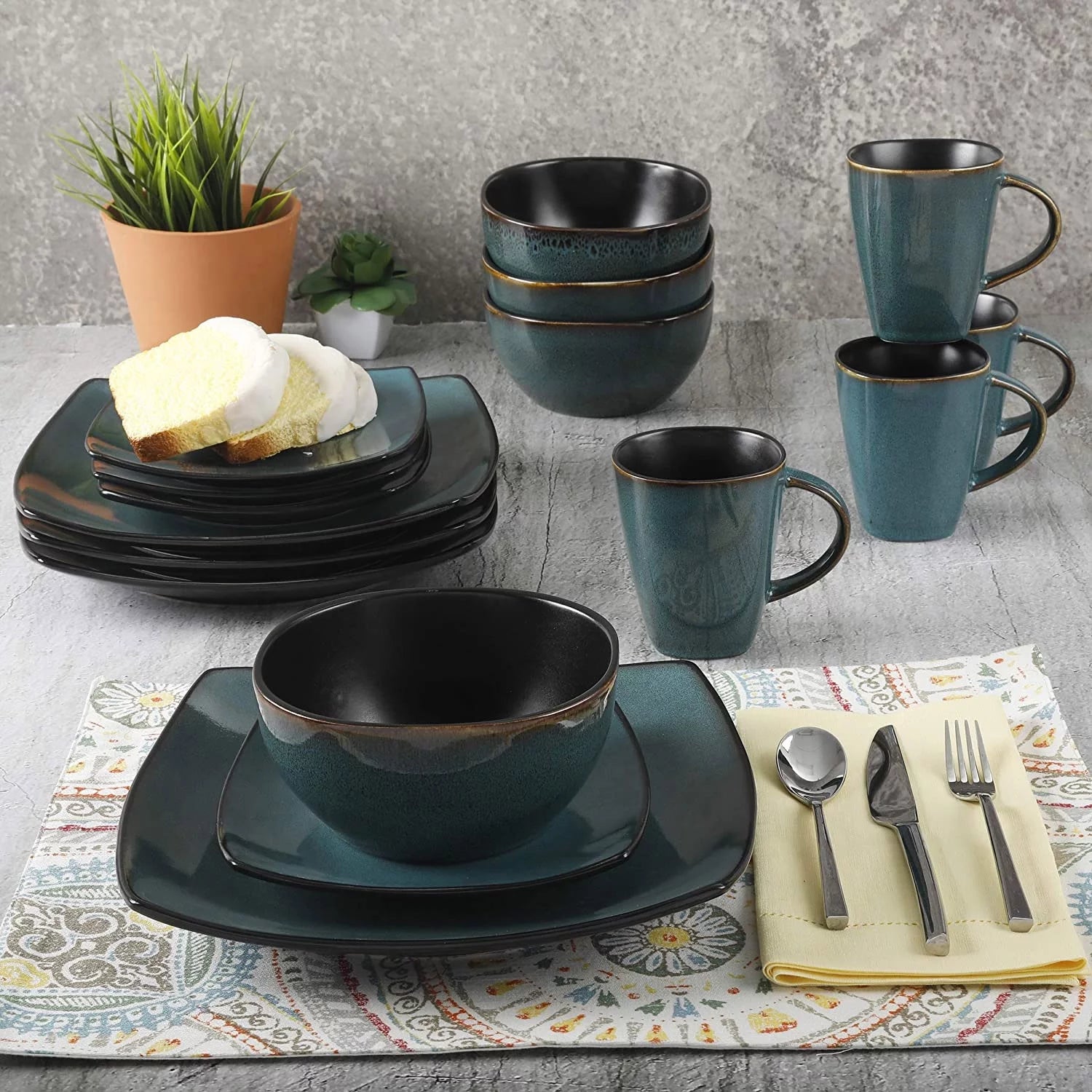 Teal Dinnerware Set, 16 Pieces Plates Bowls & Mugs T1995