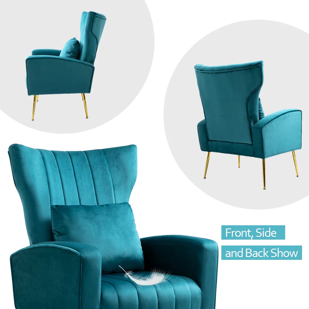 Velvet Accent Chair Set of 2 with Lumbar Pillow, High Back, Golden Metal Legs, Blue Teal L870787
