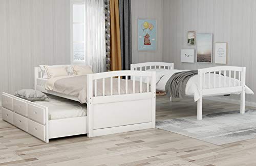 Twin Over Twin Bunk Bed with Storage Drawers and Trundle, Solid Wood Frame G366