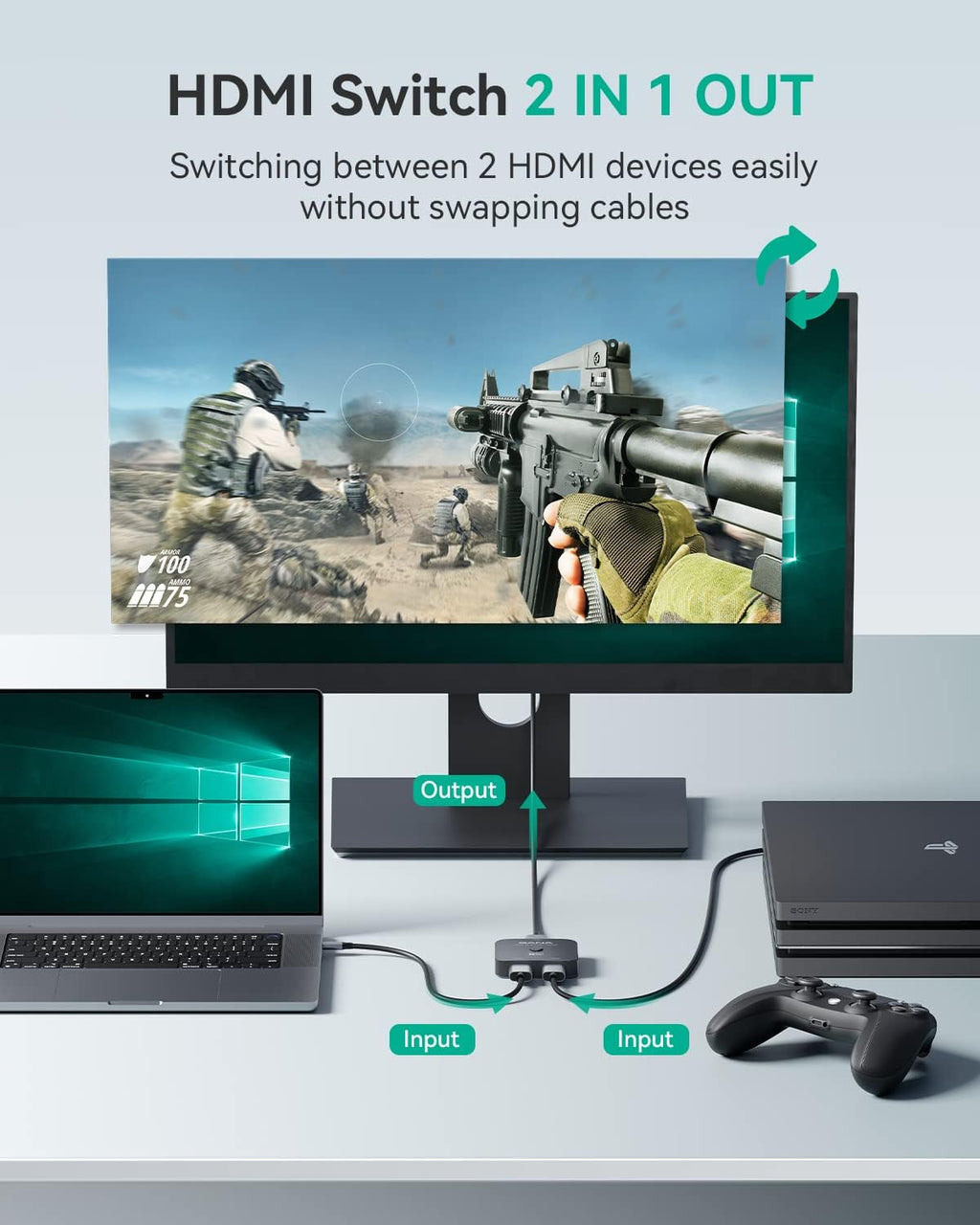 HDMI 2.1 Switch, 8K HDMI Switcher Splitter 2 in 1 Out, 4K@120Hz, Aluminum Hub S236927