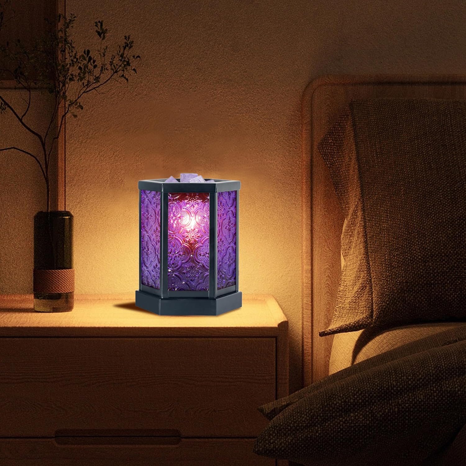 Moroccan Electric Wax Melt Warmer Decorative Candle Burner, Hexagonal Purple Glass T60608