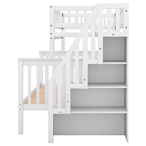 Twin Over Twin/Full Bunk Bed with Trundle and Drawers, Solid Wood Staircase T72769