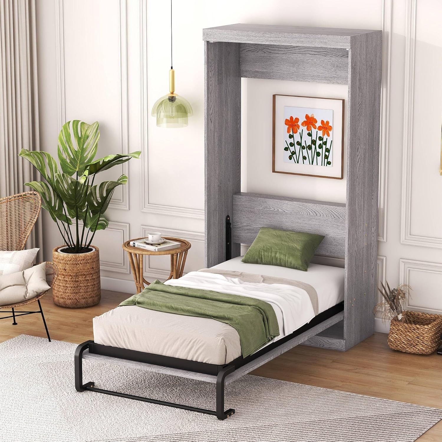Twin Wooden Murphy Bed Folding into Cabinet I1008