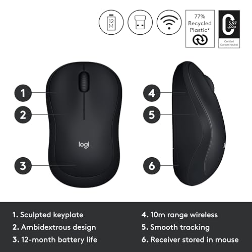 Wireless Mouse, 2.4GHz USB Receiver, 12-Month Battery, 1000 DPI Optical Tracking I608686