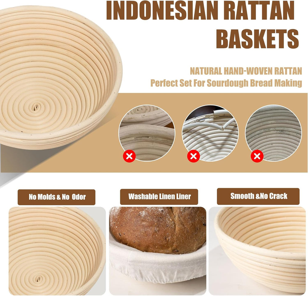 Banneton Bread Proofing Baskets Set with Lame, Danish Whisk, Liners S188