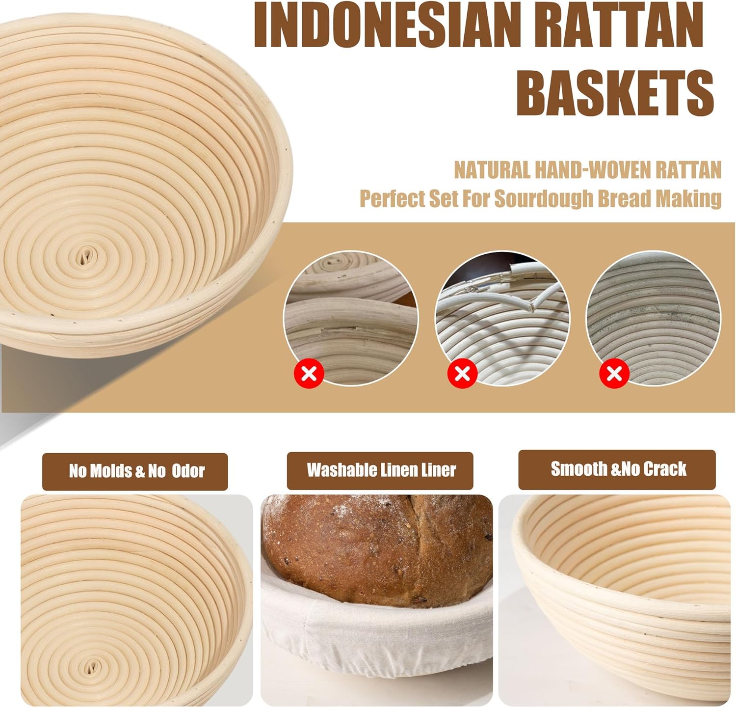 Banneton Bread Proofing Baskets Set with Lame, Danish Whisk, Liners S188