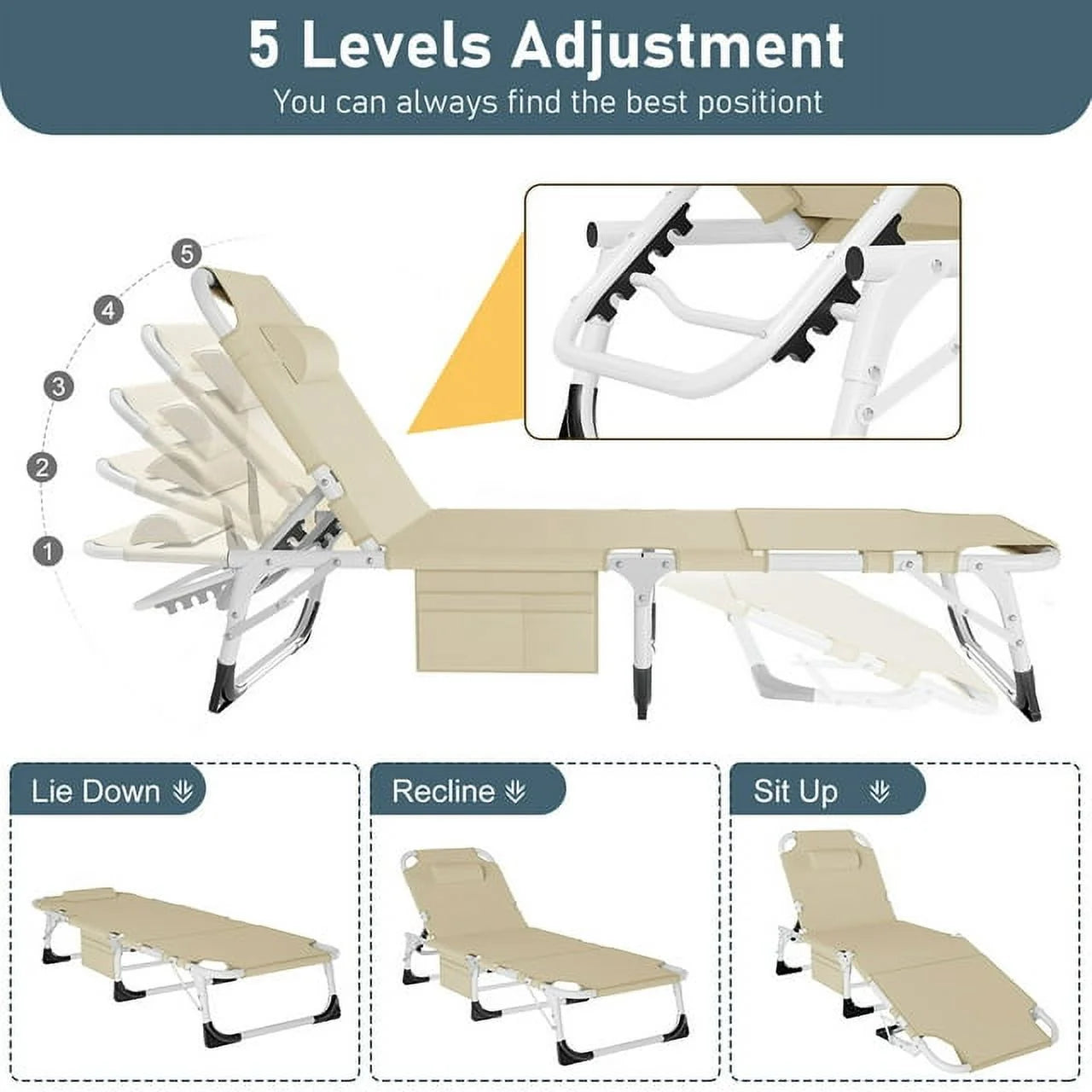 Heavy Duty Tanning Chair with Face & Arm Holes, Adjustable 5-Position Folding Chaise Lounge L705410