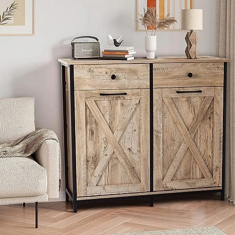Double Barn Door Trash Cabinet with Hideaway Drawer G9317