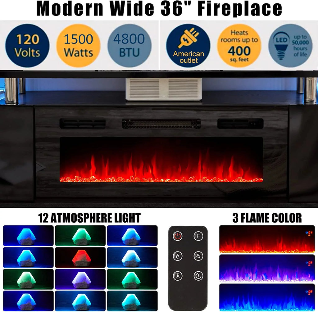 Fireplace TV Stand with 36" Fireplace, 70" Modern Entertainment Center, Fits TVs Up to 80", Black D341727