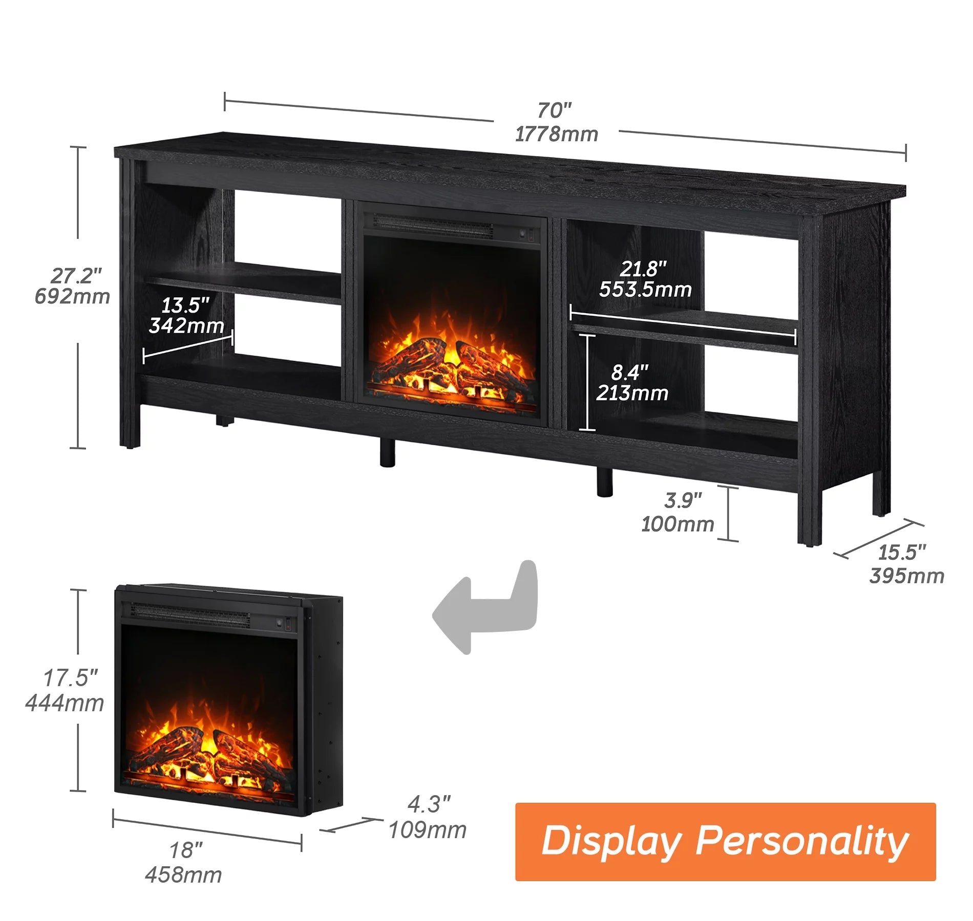 Wood Entertainment Center for TVs up to 80 Inch with Electric Fireplace, Black W2403