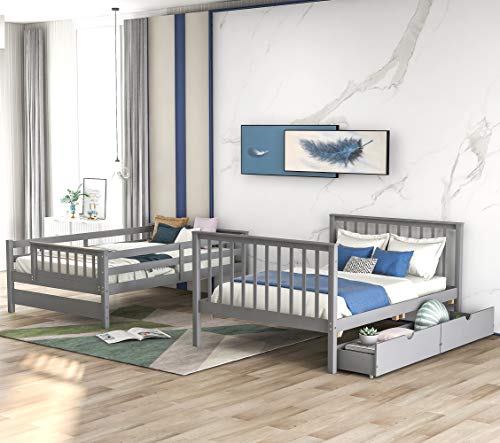 Twin Over Twin/Full Bunk Bed with Trundle and Drawers, Solid Wood Staircase T72769