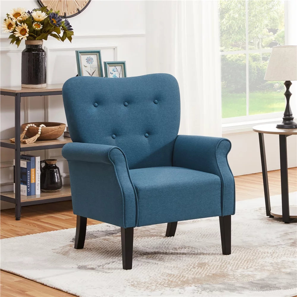 Modern Upholstered Accent Chair with Wooden Leg, Navy Blue Q80234