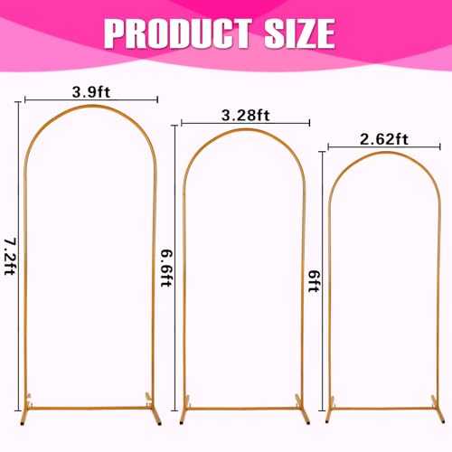 Metal Arch Backdrop Stand Set of 3, Gold, 7.2FT/6.6FT/6FT for Party Decoration M777