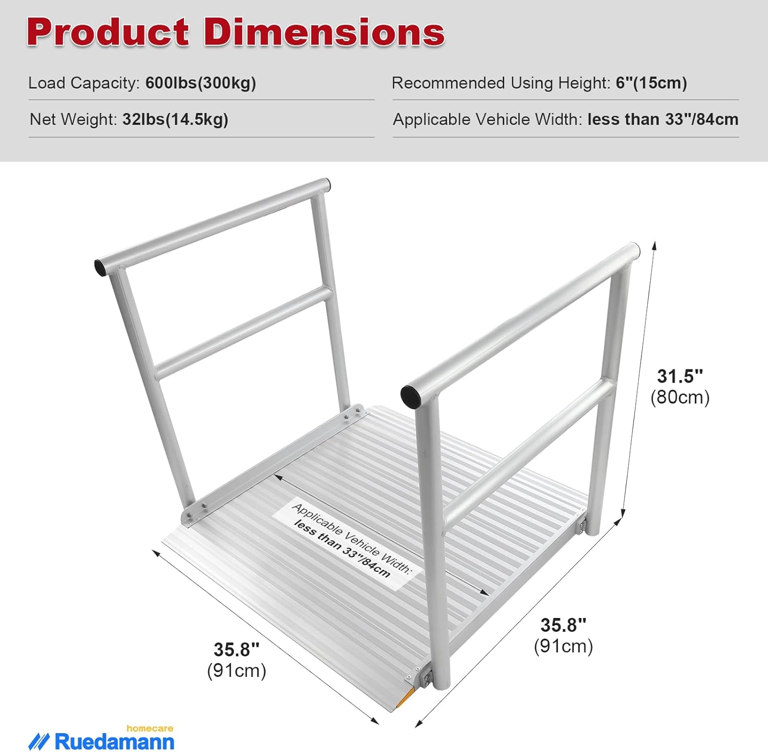 Aluminum Wheelchair Ramp with Handrails, 600 Lbs Capacity, Non-Slip for Home Steps Z8390