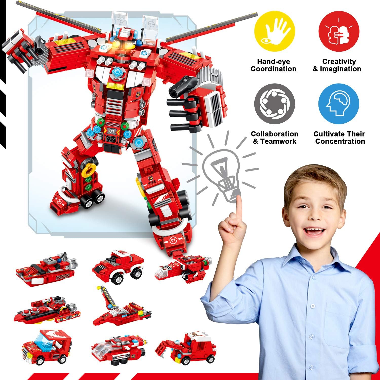 Robot Building Toys for Boys Age 6-10+, 836 PCS Construction Truck Blocks, STEM Educational Fire Rescue Vehicles Kit A89315