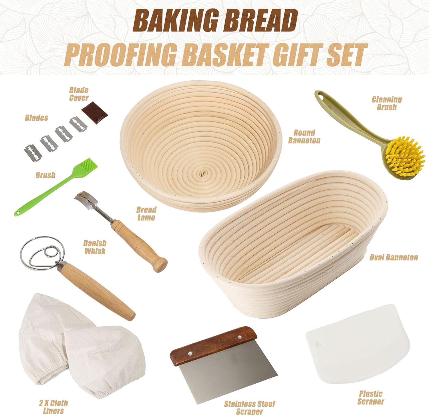 Banneton Bread Proofing Baskets Set with Lame, Danish Whisk, Liners S188