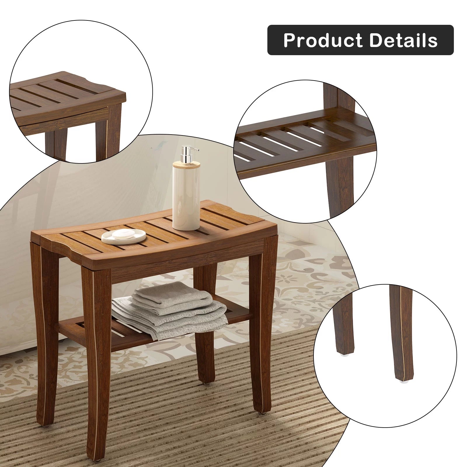 Bamboo Bathroom Bench Shower Stool Non-slip Waterproof Seat J2608